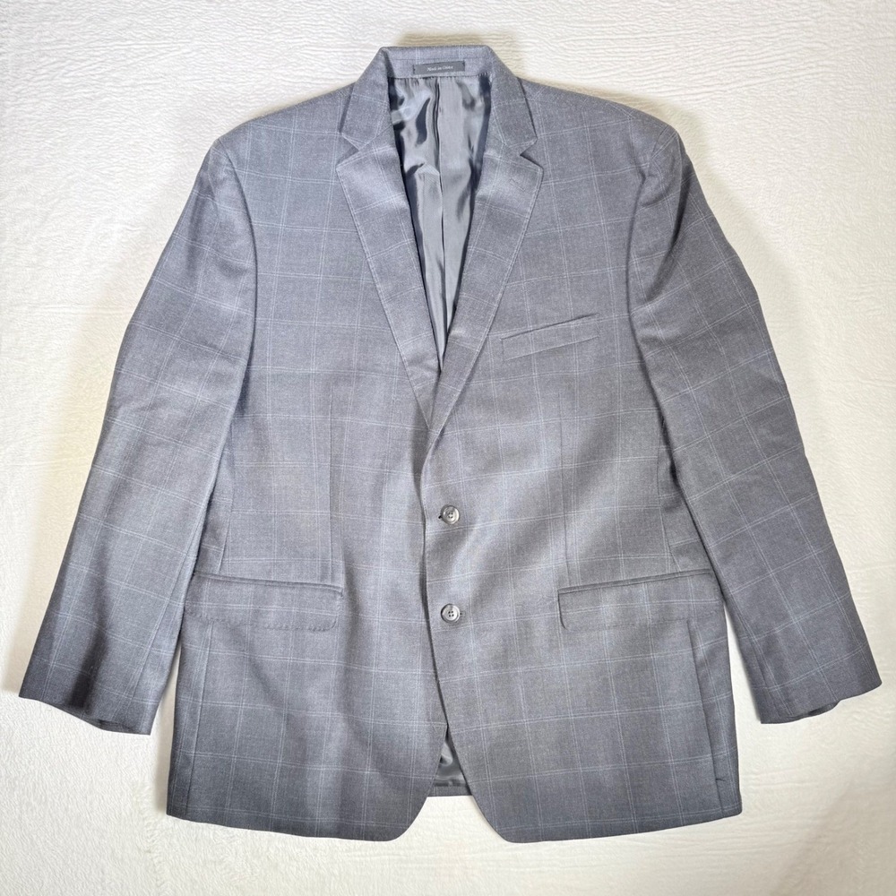 Calvin Klein Windowpane Blazer 46R Grey Silk Wool Men Suit Jacket Tailored